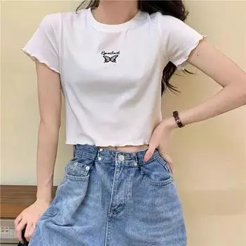 Женская футболка с вышивкой в виде бабочки и круглым вырезом, топы с короткими рукавами, укороченный топ для женщин, летняя одежда S розовый