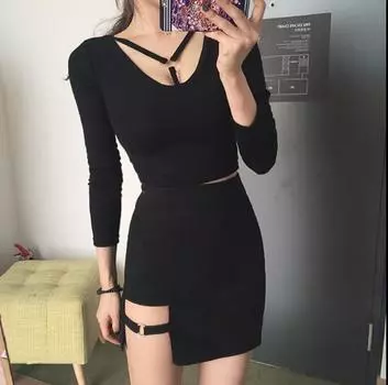 Женская футболка с высокой талией и укороченным пупком, сексуальный короткий топ, юбка, костюм XL чёрный