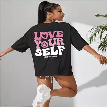Женская футболка с забавным буквенным рисунком Love Your Self, дышащая футболка из мягкого хлопка, летние топы, модные повседневные топы с коротким рукавом S чёрный