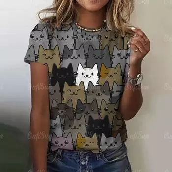 Женская футболка с забавным принтом и рисунком кота, повседневная футболка с коротким рукавом, повседневные топы для женщин, одежда XXS