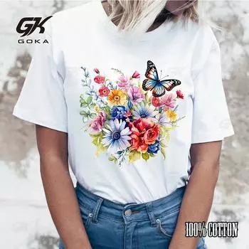 Женская футболка с забавным принтом в виде бабочки и цветка, модная повседневная одежда, повседневная футболка с коротким рукавом 2XS