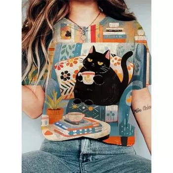 Женская футболка с забавным принтом животных, футболки с коротким рукавом, топы, рубашки с круглым вырезом и 3D-принтом, летняя повседневная женская одежда S