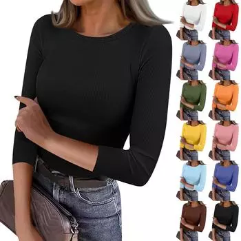 Женская футболка с зауженным низом, модная повседневная однотонная футболка с круглым вырезом, топ с рукавом 3/4 XXXL