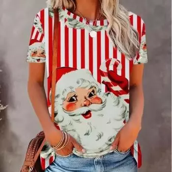 Женская футболка Санта-Клаус с 3D-принтом и круглым вырезом, женская одежда, удобная мода, летний отдых, топы с коротким рукавом S