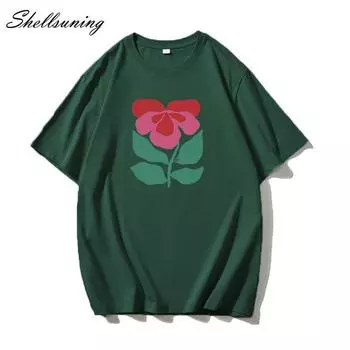 Женская футболка Shellsuning с красивым цветочным принтом, летние объемные повседневные футболки с круглым вырезом, простые универсальные футболки для девочек, базовые топы для пар в стиле Харадзюку M жёлтый