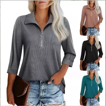 Женская футболка со средним рукавом на молнии, женская однотонная повседневная футболка с V-образным вырезом S чёрный