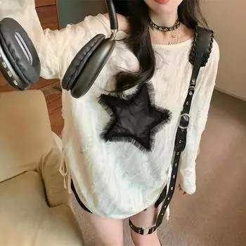 Женская футболка со звездами и длинными рукавами, осенняя, новая, свободного покроя, с завязками на шнурке S белый