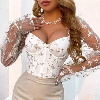 Женская футболка Spice Girls с вышивкой, прозрачной сеткой, глубоким вырезом, стальным кольцом, длинным рукавом и косточкой S белый