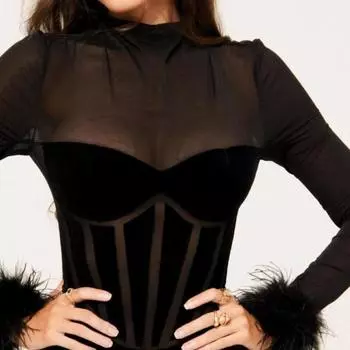 Женская футболка Spice Girls Sexy Mesh Splicing Velvet Solid Color See Through Hair Striped Long Sleeve Fishbone S чёрный