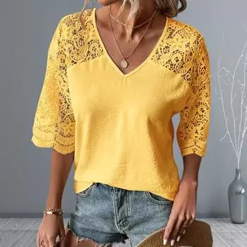 Женская футболка сплошного цвета с v-образным вырезом и кружевной строчкой, с половиной рукавом, ажурное платье 2XL фиолетовый