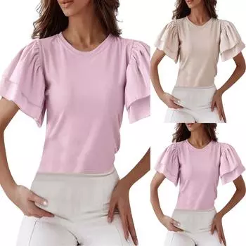 Женская футболка Сплошной цвет с круглым вырезом и баской с коротким рукавом XXL розовый