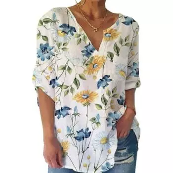 Женская футболка средней длины с v-образным вырезом и половиной рукавом, свободная футболка с цветочным принтом