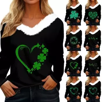 Женская футболка St. Рубашка с принтом Патрика, длинный рукав, праздничная атмосфера, флисовый воротник, топ с V-образным вырезом L армия зеленый