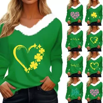 Женская футболка St. Рубашка с принтом Патрика, длинный рукав, праздничная атмосфера, флисовый воротник, топ с V-образным вырезом L армия зеленый