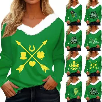 Женская футболка St. Рубашка с принтом Патрика, длинный рукав, праздничная атмосфера, флисовый воротник, топ с V-образным вырезом L армия зеленый