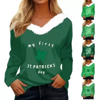 Женская футболка St. Рубашка с принтом Патрика, длинный рукав, праздничная атмосфера, флисовый воротник, топ с V-образным вырезом L