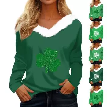 Женская футболка St. Рубашка с принтом Патрика, длинный рукав, праздничная атмосфера, флисовый воротник, топ с V-образным вырезом M