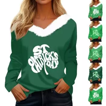 Женская футболка St. Рубашка с принтом Патрика, длинный рукав, праздничная атмосфера, флисовый воротник, топ с V-образным вырезом M