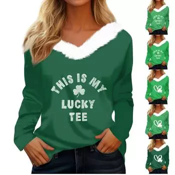 Женская футболка St. Рубашка с принтом Патрика, длинный рукав, праздничная атмосфера, флисовый воротник, топ с V-образным вырезом XL
