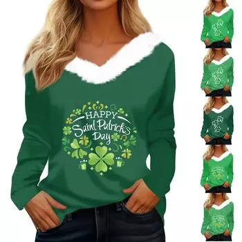Женская футболка St. Рубашка с принтом Патрика, длинный рукав, праздничная атмосфера, флисовый воротник, топ с V-образным вырезом XL зелёный