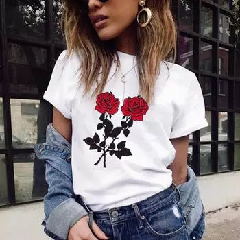 Женская футболка ST с принтом розы, женская летняя белая уличная футболка с коротким рукавом S белый
