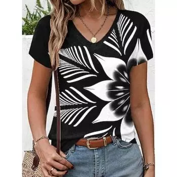 Женская футболка стильная цветочная с коротким рукавом обычные топы с V-образным вырезом повседневная черная летняя весна S
