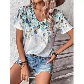 Женская футболка стильная повседневная цветочная обычная футболка с коротким рукавом V-образный вырез принт повседневная серая летняя S