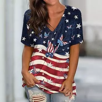 Женская футболка Стильная повседневная с американским флагом, обычные топы с коротким рукавом, V-образным вырезом, с принтом, стандартный крой, День независимости, синяя, летняя S