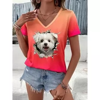 Женская футболка стильная повседневная с изображением животных, стандартные топы с коротким рукавом, V-образным вырезом, принт, стандартный крой, повседневная, оранжевая, летняя S