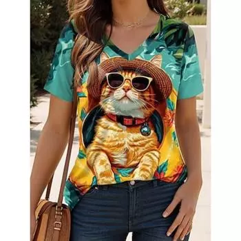 Женская футболка стильная повседневная с изображением собаки, обычные топы с коротким рукавом, V-образным вырезом, с принтом, стандартный крой, повседневная, черная, белая, желтая, синяя, летняя S