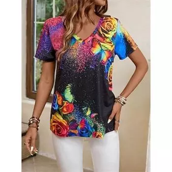 Женская футболка стильная повседневная с принтом короткий рукав обычные топы V-образный вырез повседневный синий летний S