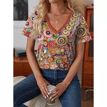 Женская футболка стильная повседневная с рисунком, обычные топы с коротким рукавом, V-образным вырезом, принт, обычный крой, повседневная, оранжевая, летняя S