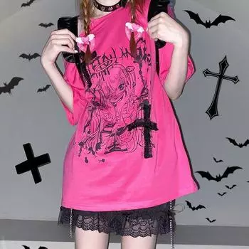 Женская футболка субкультура панк роза красная сладкий принт короткий рукав футболка женская Y2k с открытыми плечами сексуальный уличный стиль свободные футболки S розовый