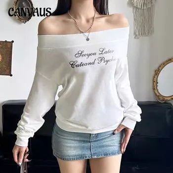 Женская футболка-свитер в стиле ретро с маленькими буквами на одно плечо, сексуальная, с длинными рукавами, свободная, универсальная, в стиле ленивой моды S белый