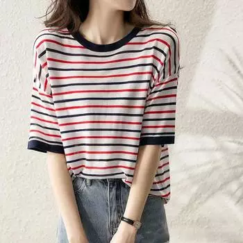 Женская футболка, свободная вязаная рубашка с круглым вырезом, повседневная универсальная футболка из хлопка и льна в полоску, блузка с короткими рукавами XXXL