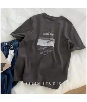 Женская футболка свободного кроя с буквенным принтом в корейском стиле, лето 2024 г. Medium темно-серого