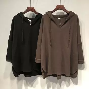 Женская футболка свободного кроя с капюшоном и V-образным вырезом, весна-осень, свободный топ средней длины XXXL чёрный