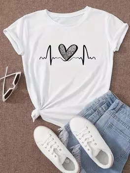 Женская футболка свободного кроя с круглым вырезом и короткими рукавами классического белого цвета S