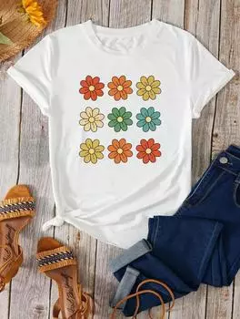 Женская футболка свободного кроя с круглым вырезом и короткими рукавами классического белого цвета S