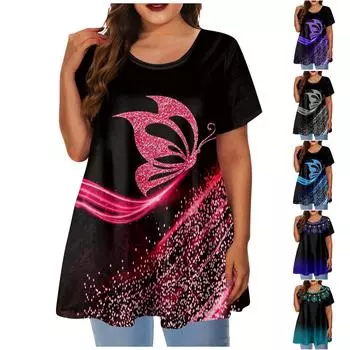 Женская футболка свободного кроя с круглым вырезом и принтом бабочек, с коротким рукавом XXXXXL синий
