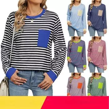 Женская футболка свободного кроя с круглым вырезом и контрастными карманами, с длинными рукавами, осень-зима S