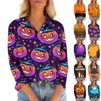Женская футболка свободного кроя с принтом на Хэллоуин и V-образным вырезом на пуговицах и рукавом семь четвертей M