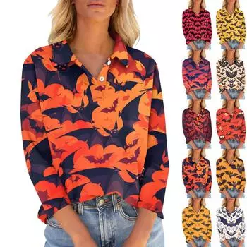 Женская футболка свободного кроя с принтом на Хэллоуин и V-образным вырезом на пуговицах и рукавом семь четвертей M оранжевый