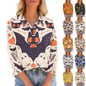 Женская футболка свободного кроя с принтом на Хэллоуин и V-образным вырезом на пуговицах и рукавом семь четвертей XXL чёрный