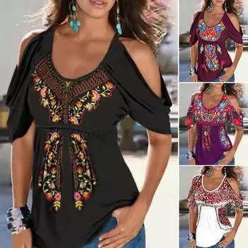 Женская футболка свободного кроя с принтом в этническом стиле для повседневного ношения 4XL чёрный