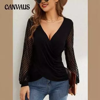 Женская футболка свободного кроя с рукавами-фонариками, однотонная, осенне-зимняя, с кружевом, с перекрещивающимися рукавами S чёрный