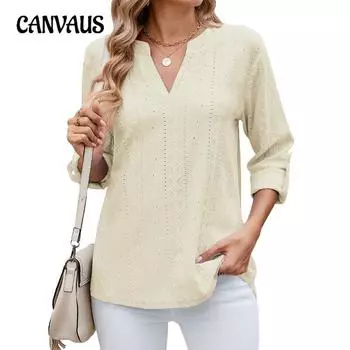 Женская футболка свободного кроя с V-образным вырезом и рукавом семь четвертей на весну и лето S чёрный