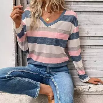 Женская футболка свободного кроя с V-образным вырезом и полосатым принтом, осень-зима S розовый