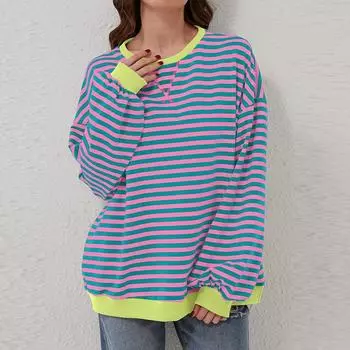 Женская футболка свободного кроя в полоску с длинными рукавами и круглым вырезом на весну и лето S красный