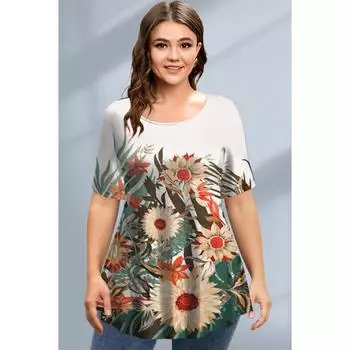 Женская футболка свободного покроя большого размера, новая летняя футболка с круглым вырезом и короткими рукавами, топ с цветочным 3d принтом, женская одежда больших размеров M